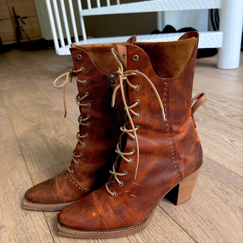 Free People Canyon Lace Up Boots Brown Whiskey Leather Heeled We The Free